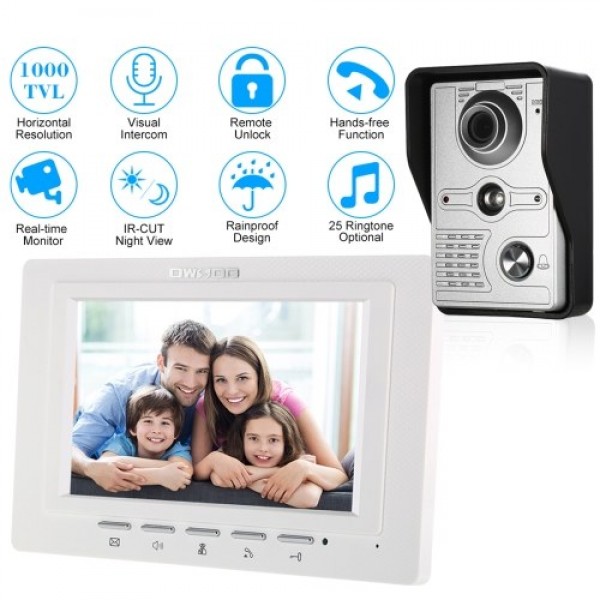 OWSOO  7 inch Wired Video Doorbell Indoor Monitor with IR-CUT Rainproof Outdoor Camera Visual Intercom Two-way Audio Remote Unlo