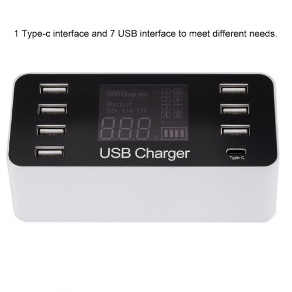 A9 Multi-function Smart USB Charger LCD Display 7 USB Ports 1 Type-C Port AC100-240V