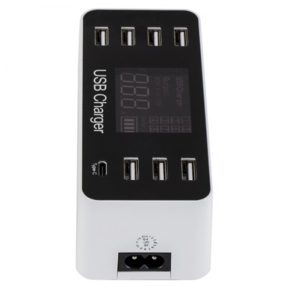 A9 Multi-function Smart USB Charger LCD Display 7 USB Ports 1 Type-C Port AC100-240V