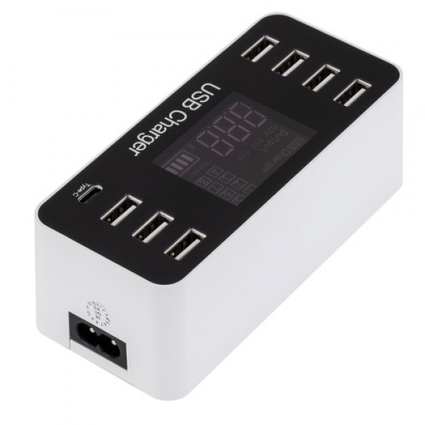 A9 Multi-function Smart USB Charger LCD Display 7 USB Ports 1 Type-C Port AC100-240V