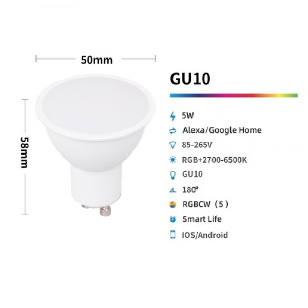 GU10 Smart Bulb LED Light Cup 5W RGB+WW+CW Support Tuya Alexa Google Home IFTTT Remote Voice Control LED Dimming Lamp