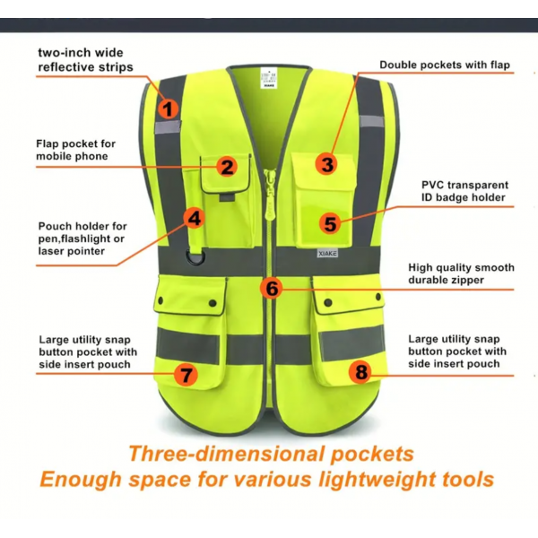 High Visibility Reflective Safety Vest With 8 Pcoekts And Zipper,Meets ANSI/ISEA Standard